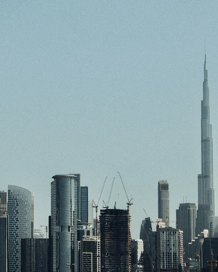 The Dubai skyline beneath a clear sky